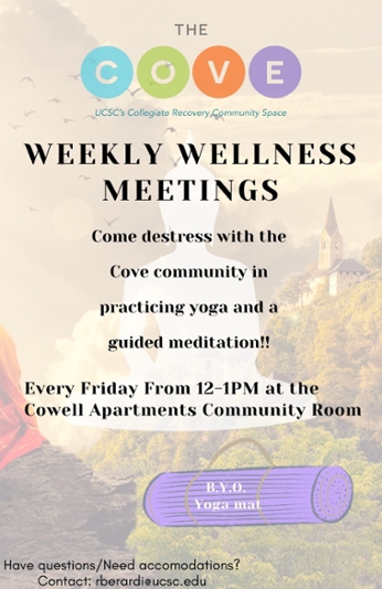 Yoga flyer with weekly wellness meeting hours. Come and de-stress with the cove community, all abilities and levels welcome